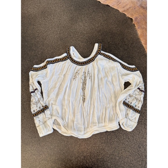 Embroidered Boho Blouse Cold Shoulder Top Beaded Festival Party Free People - Picture 2 of 9